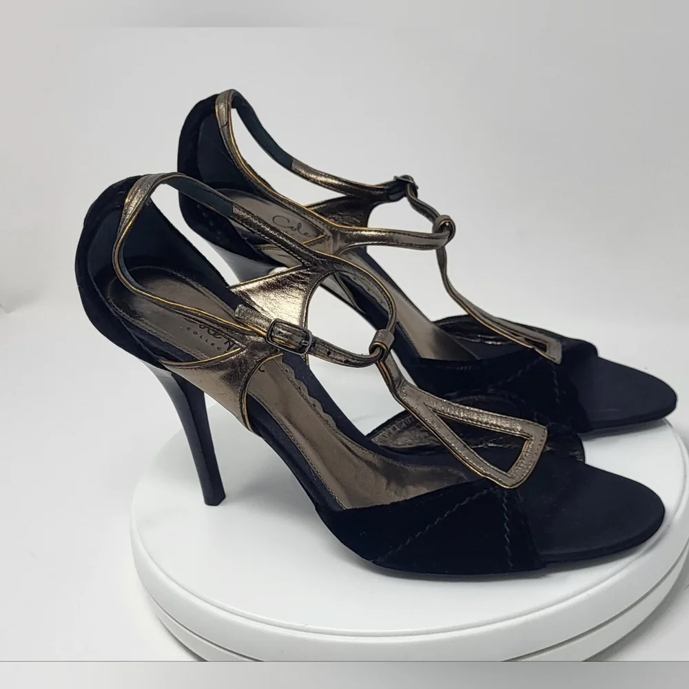 Cole Haan Black Velvet & Brassy Gold Open Toe Stilletto T-Strap Heels - Picture 5 of 16